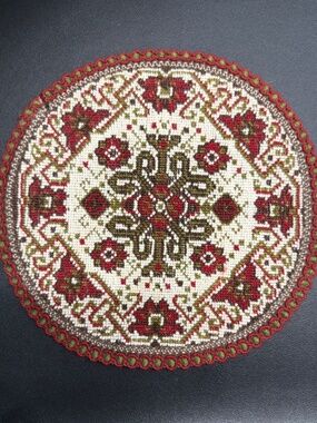 Tapestry Doily 9" Round Floral Medallion w Scalloped Edge Mid Century Belgium